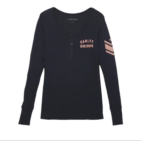 HARLEY-DAVIDSON Timeless Holdout Henley Ribbed Top Black NWT - Picture 1 of 13